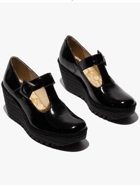 Fly London Black Patent Mary Jane Platform Wedges